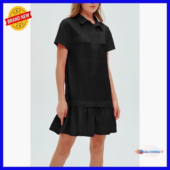 Cotton Drop Waist Ruffle Hem Shirt Dress Short Sleeve Button Down Tunic Pockets - Picture 3 of 7